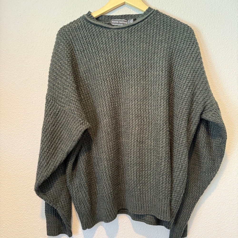 David Taylor Mens L Olive Green Textured Waffle Knit Crewneck Sweater USA Made